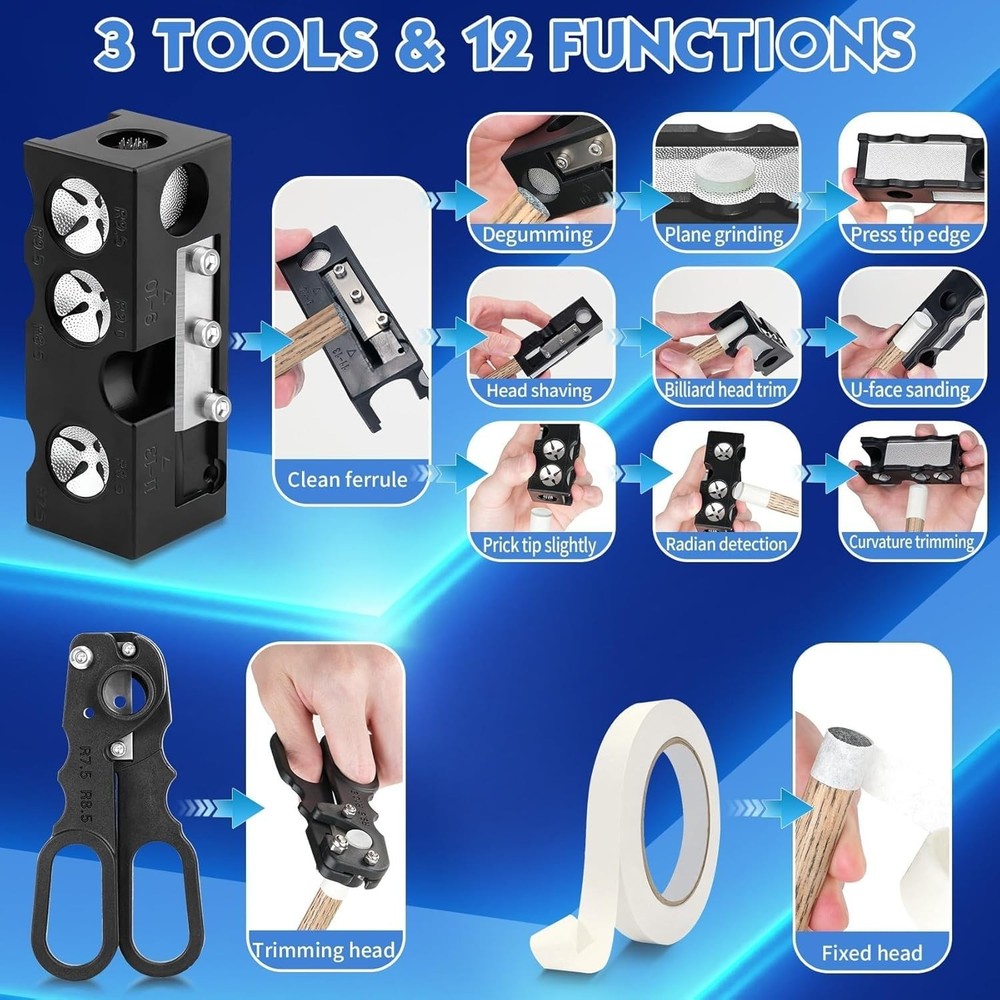 Billiards Pool Cue Tip Shaper, Pool Cue Tips Replacement Kit, Pool Cue Shaper...