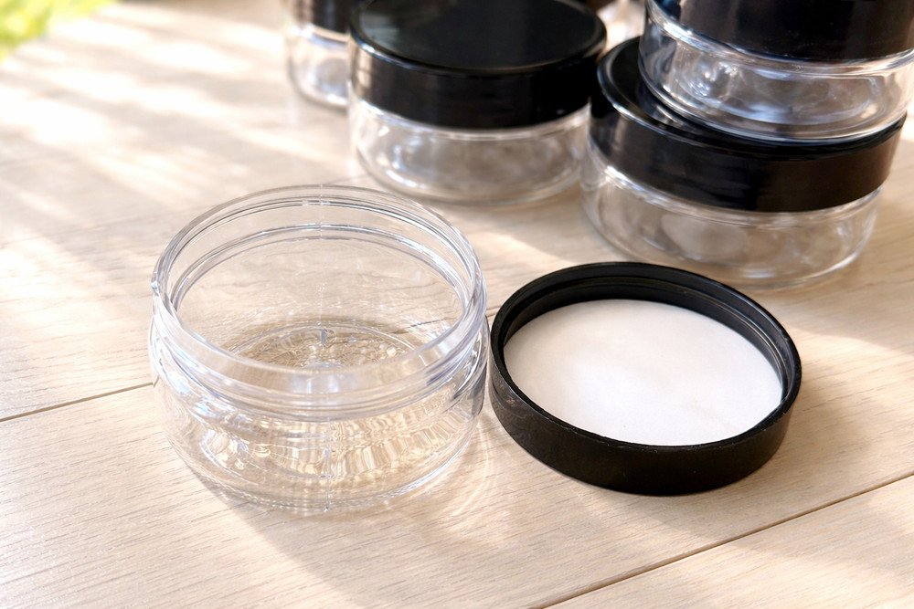 2 oz Clear Low Profile Plastic Jars with Black Lids – 12 Pack NEW