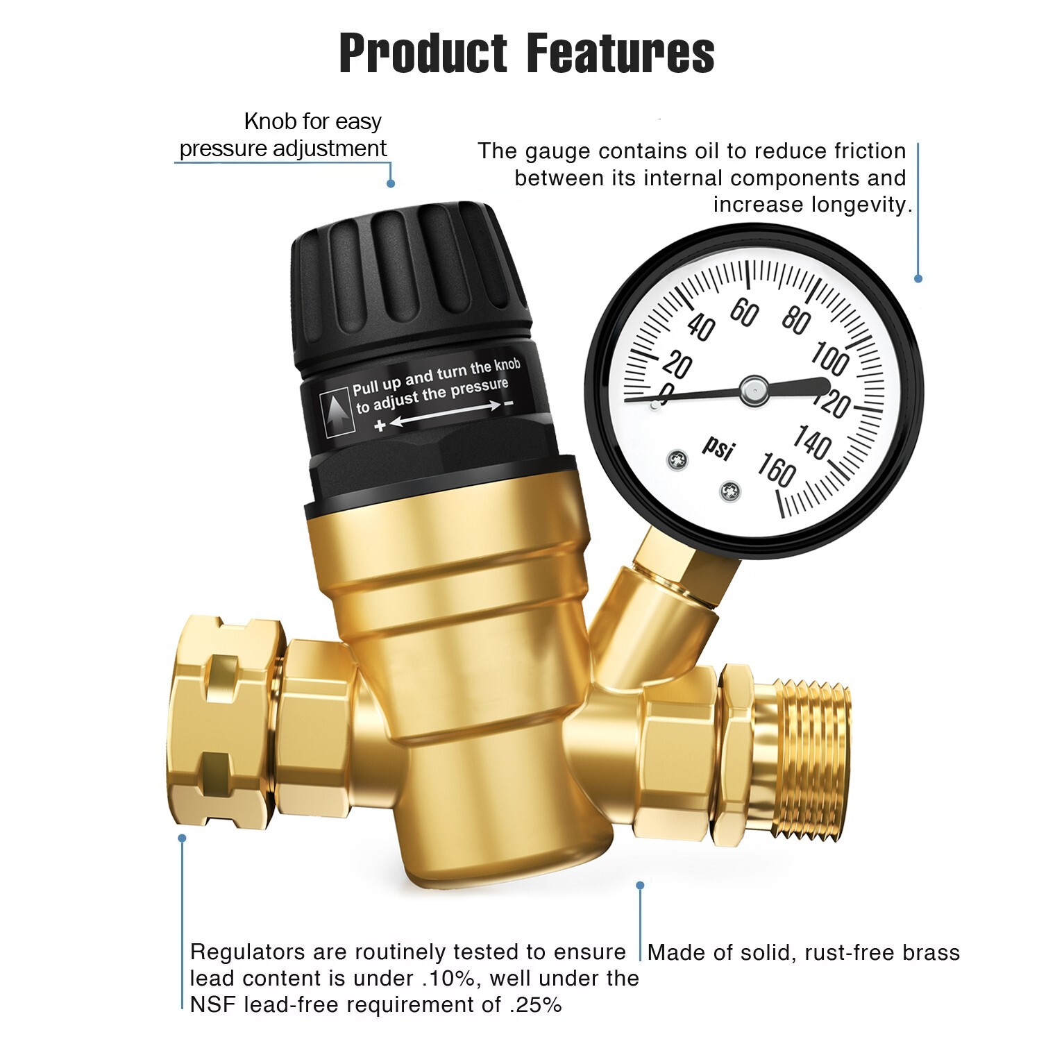 Water Pressure Regulator For RV Lead-free Brass Adjustable Reducer Gauge 3/4" V3