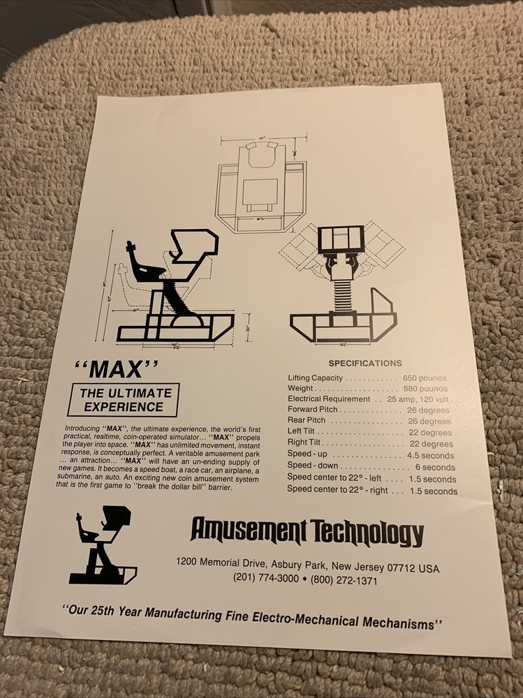 original NOS Max Experience Amtec ARCADE GAME FLYER
