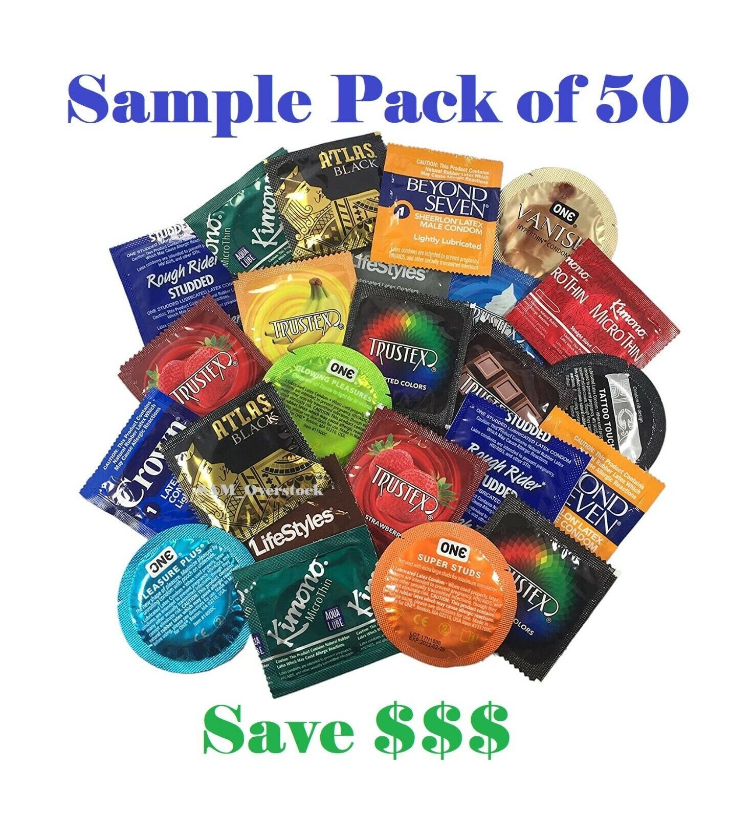 50 Trojan, Lifestyles, Crown, Trustex, Atlas, Rugby & More Condoms SAMPLE PACK