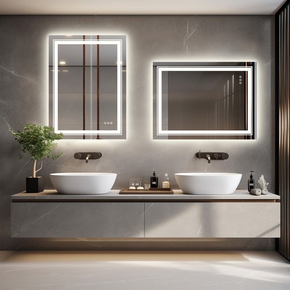 Large Lighted Bathroom Mirror Dimmable Fog Free Sensor Touch Vertical/Horizontal