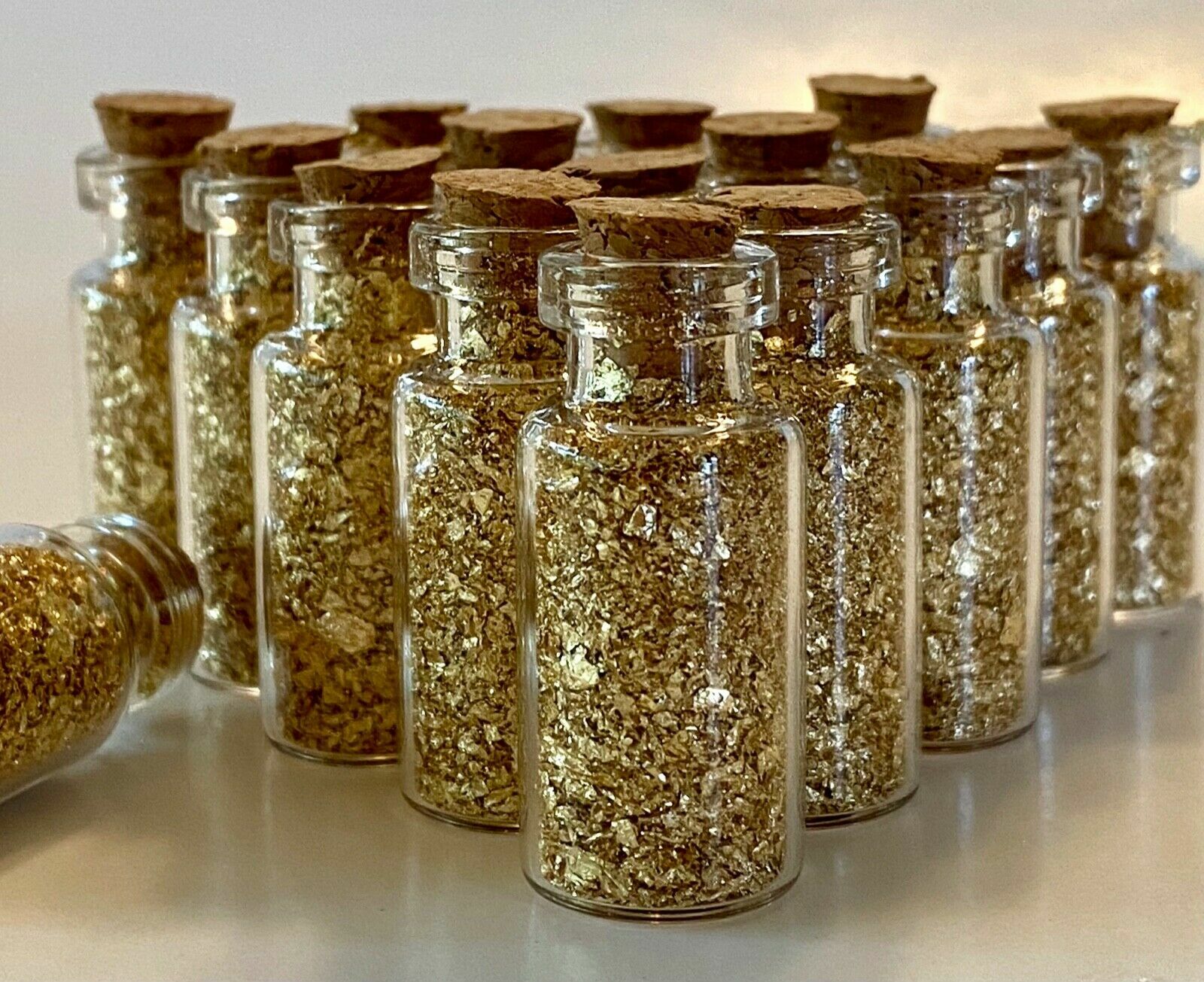 10 GOLD LEAF FLAKE MINIATURE GLASS BOTTLES  With Cork Top