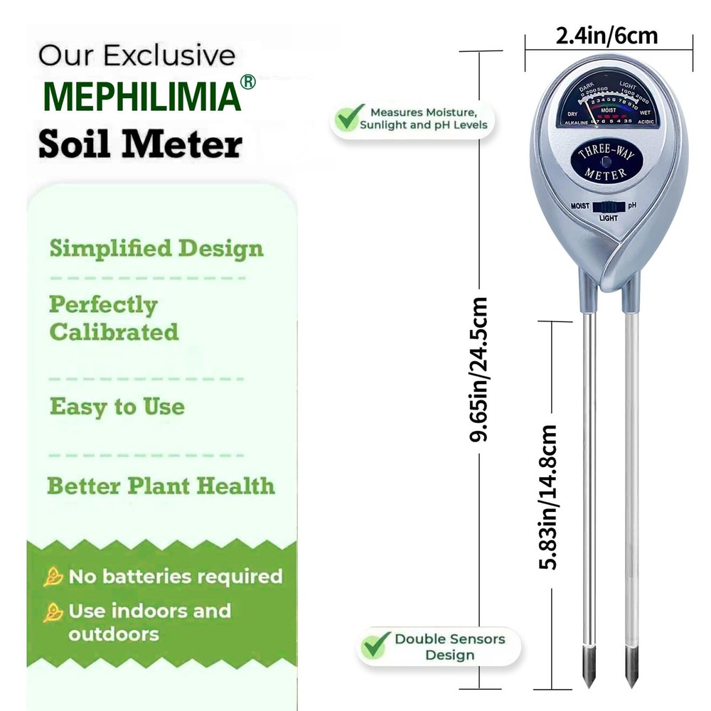 Soil Tester, pH Meter, 3-in-1 Moisture/Light/pH SILVER