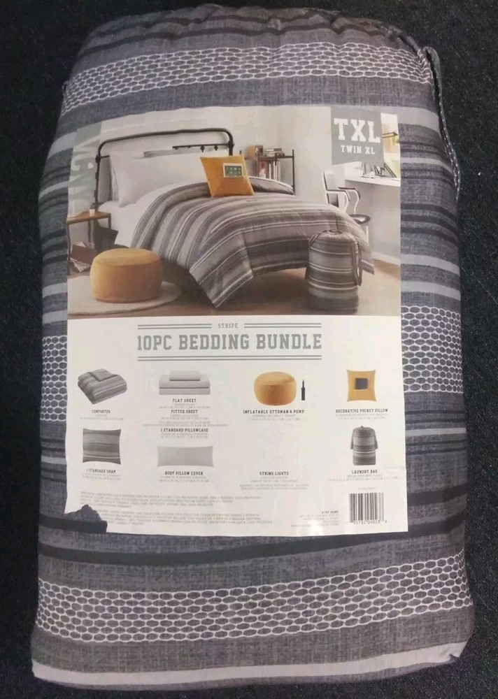 Stripe 10Pc Bedding Bundle Comforter Set W/String Lights & ...See Description