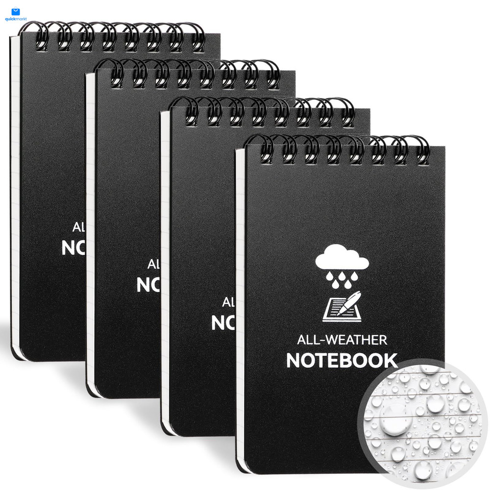 COIDEA Waterproof Notebook, 4 Pack Top-Spiral Pocket Notepad, 3 x 5", Black