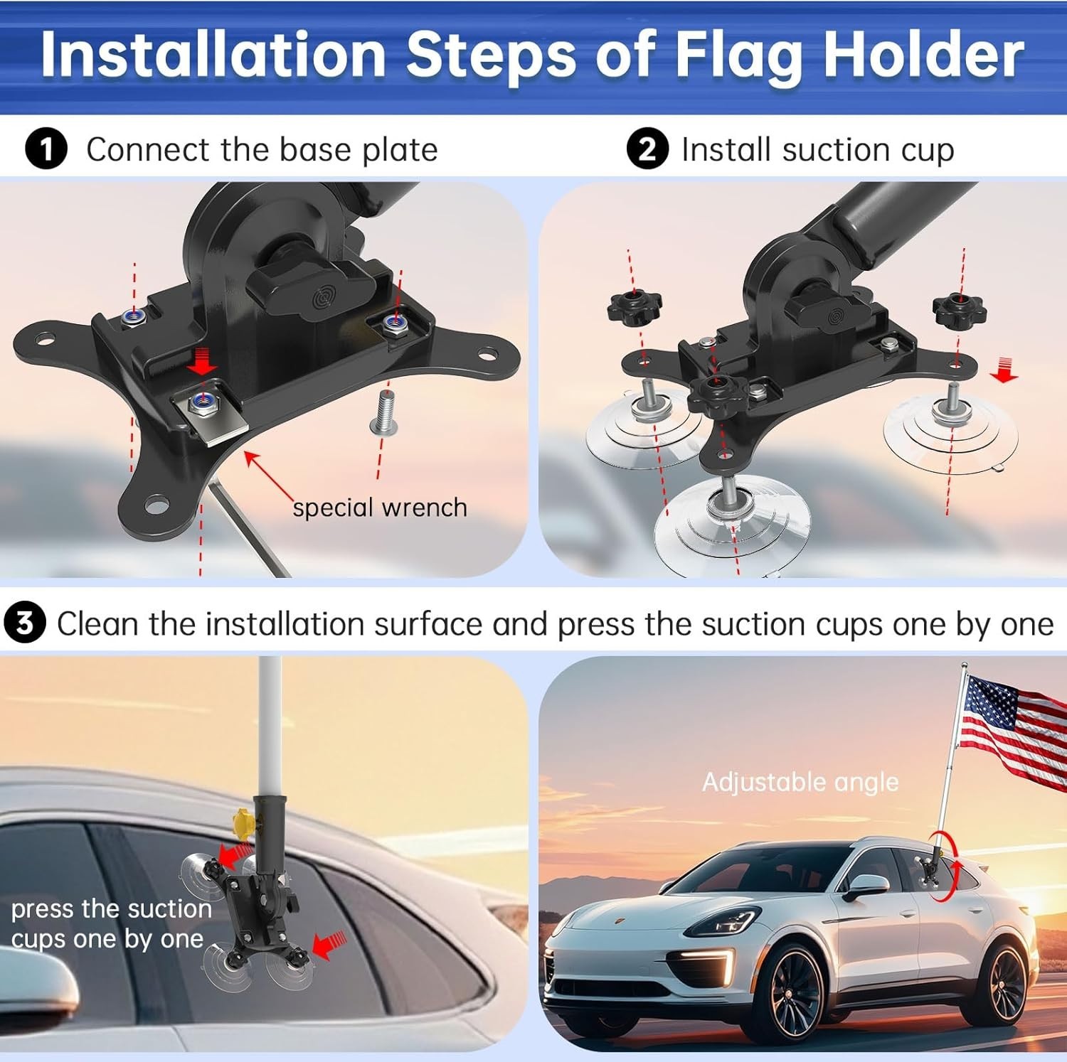 No-Drill Car Flag Pole Holder - Adjustable Angle & Multi-Suction Flag Mount