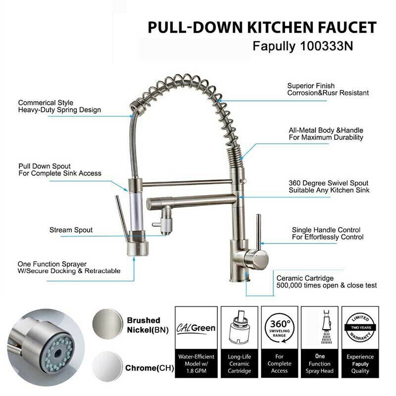 Kitchen Sink Faucet Stainless steel Single Handle Pull Down Sprayer Swivel Mixer