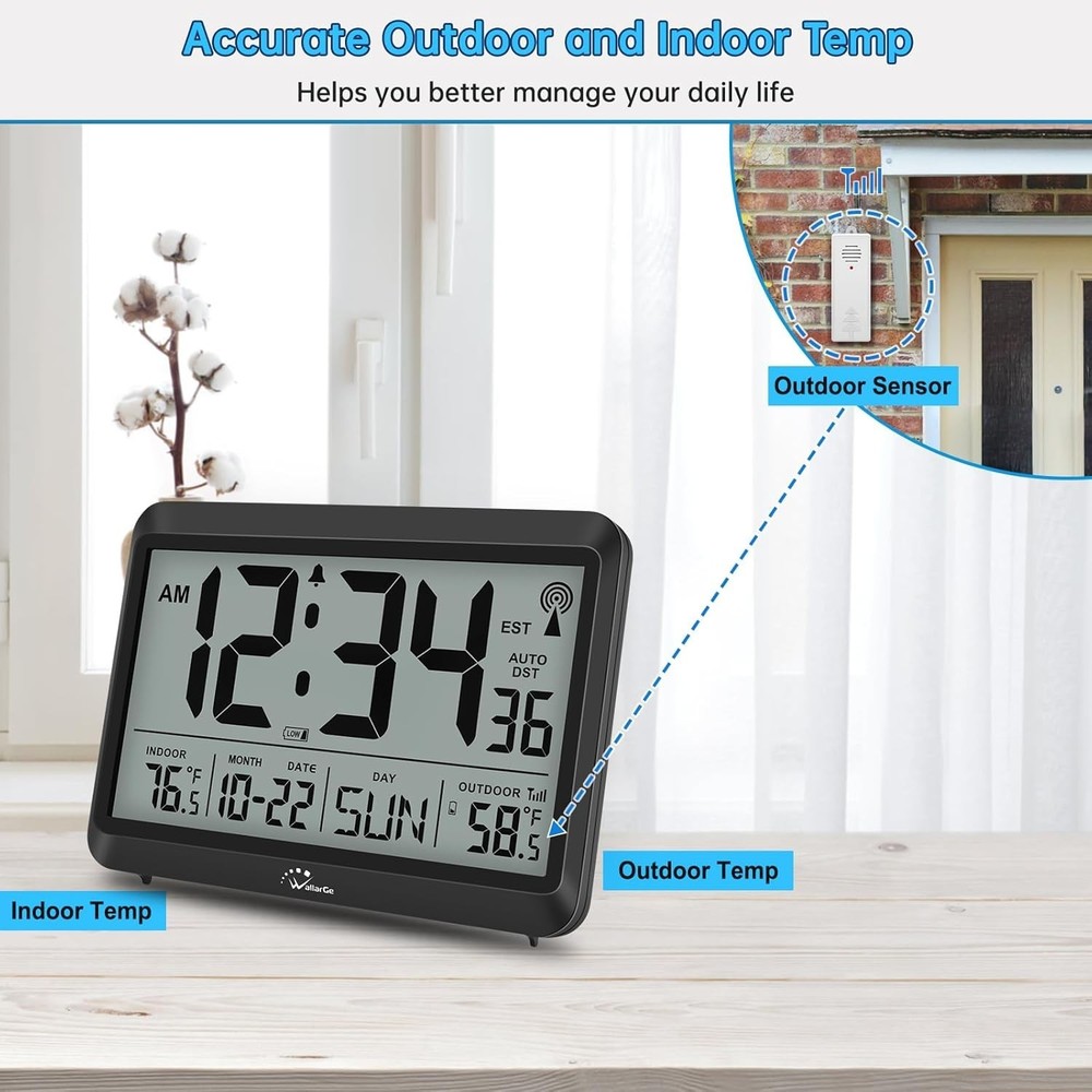 Modern Atomic Wall Clock - Self-Setting, Indoor Outdoor Temp