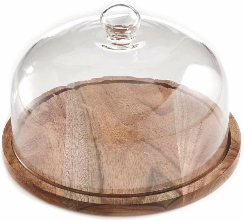 "Wood Cake Stand with Glass Dome: Transformable to Cheese Board - Multi-function