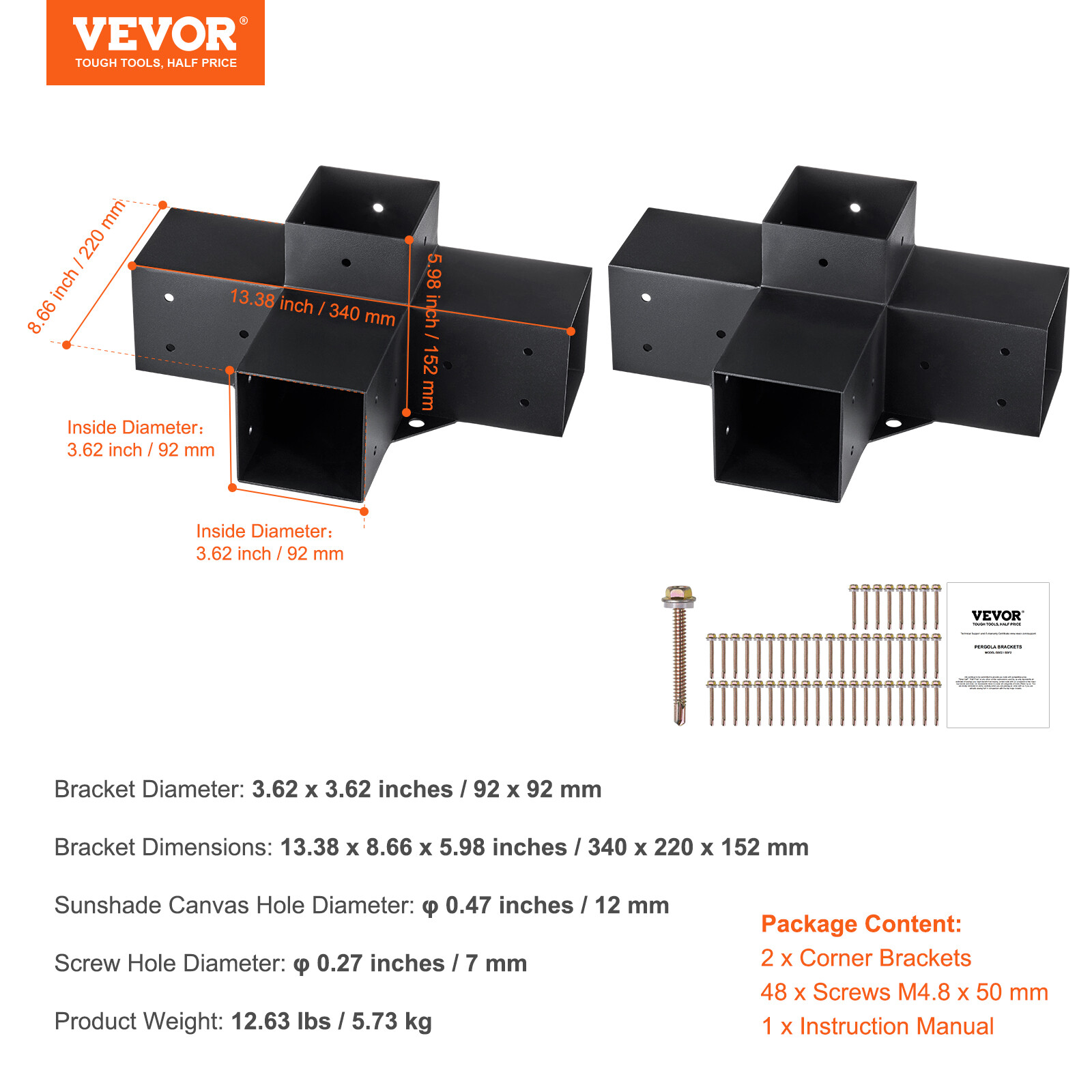 VEVOR 4''x4'' Pergola Bracket Kit 4-Way Woodworks DIY Post for Gazebos 2 pcs