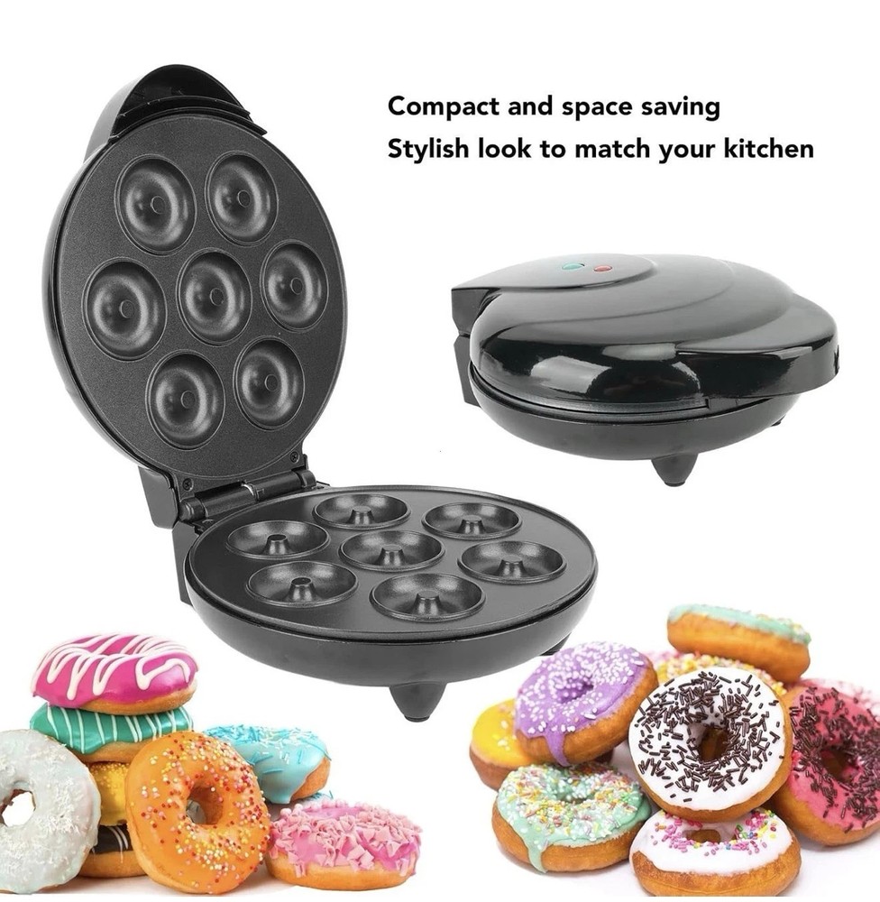 Donut Maker 1000W Makes 7 Doughnuts Mini Donut Baker Machine US Plug 110V Black
