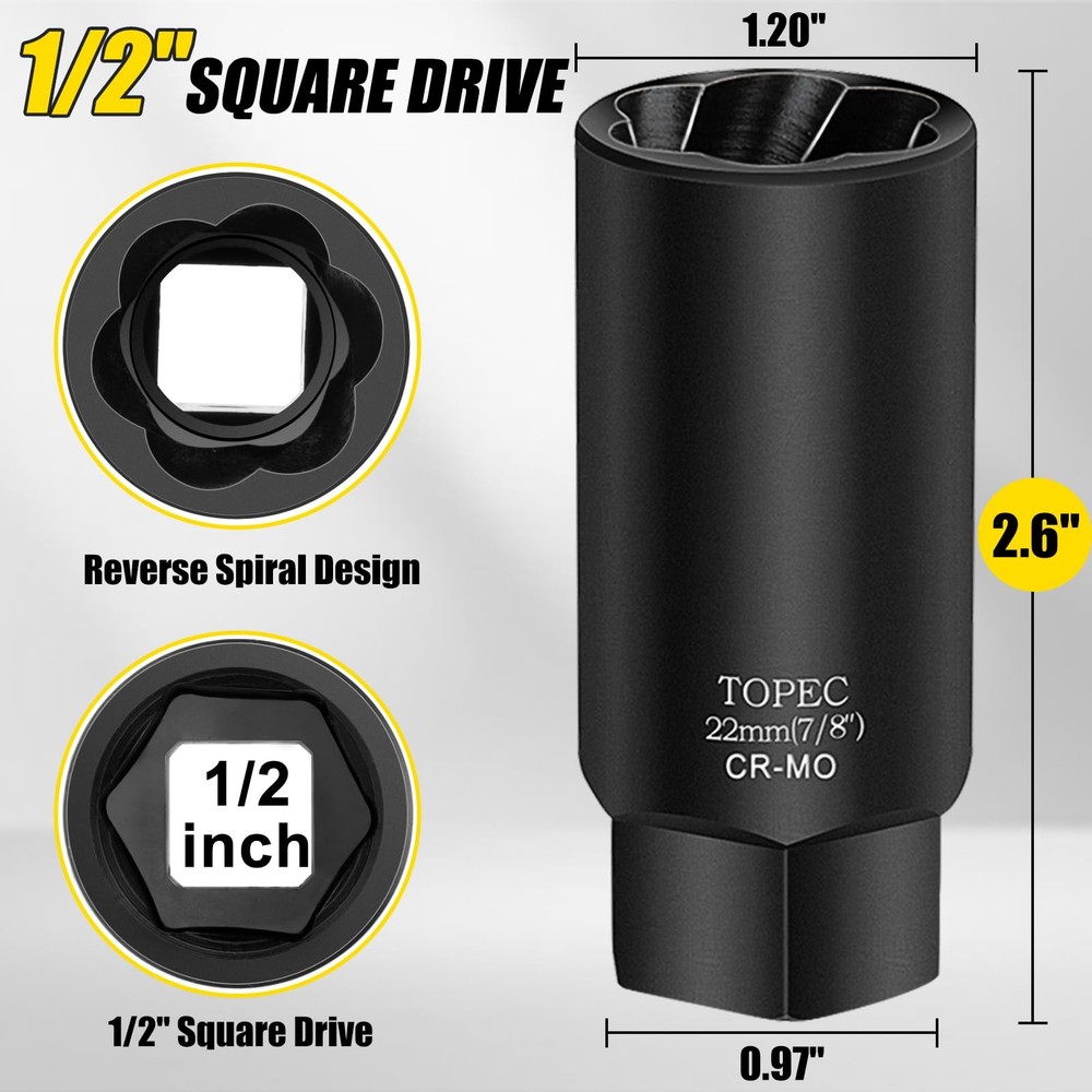 Topec 22MM Deep Lug Nut Extractor Socket - 1/2" Drive Stripped Bolt 22mm