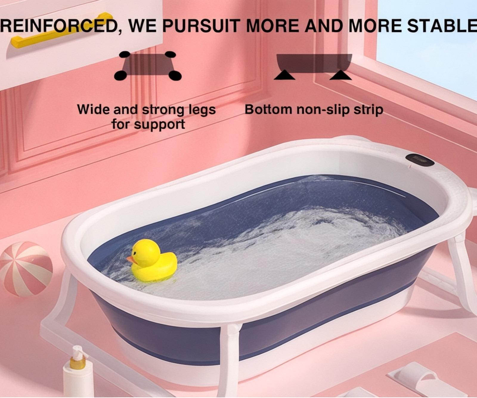 Collapsible Baby Bathtub with Real-Time Thermometer, Foldable Infant to Toddler