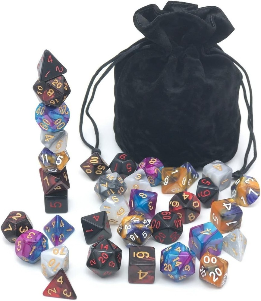 Assorted Polyhedral Dice Set with Black Drawstring Bag, 5 Complete Dice Sets ...