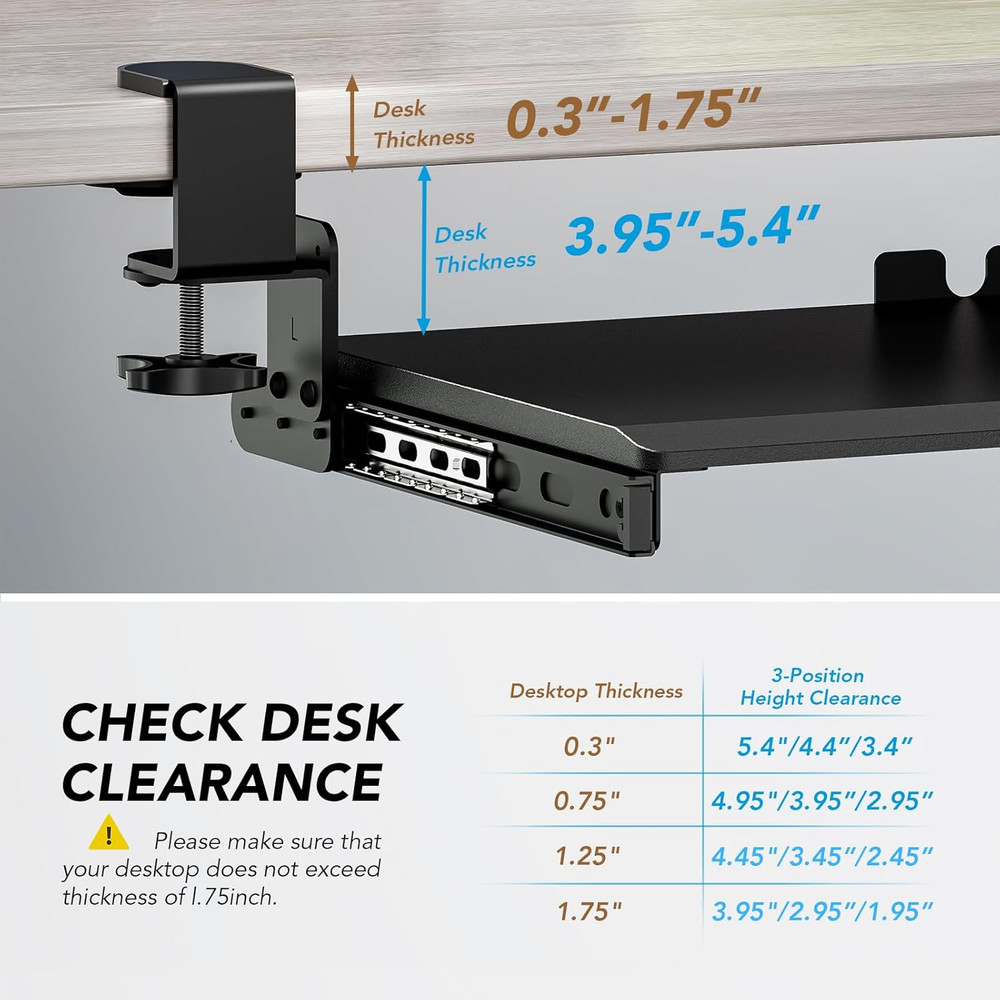 Keyboard Tray under Desk Pull Out with Extra Sturdy Adjustable C Clamp Mount Sys