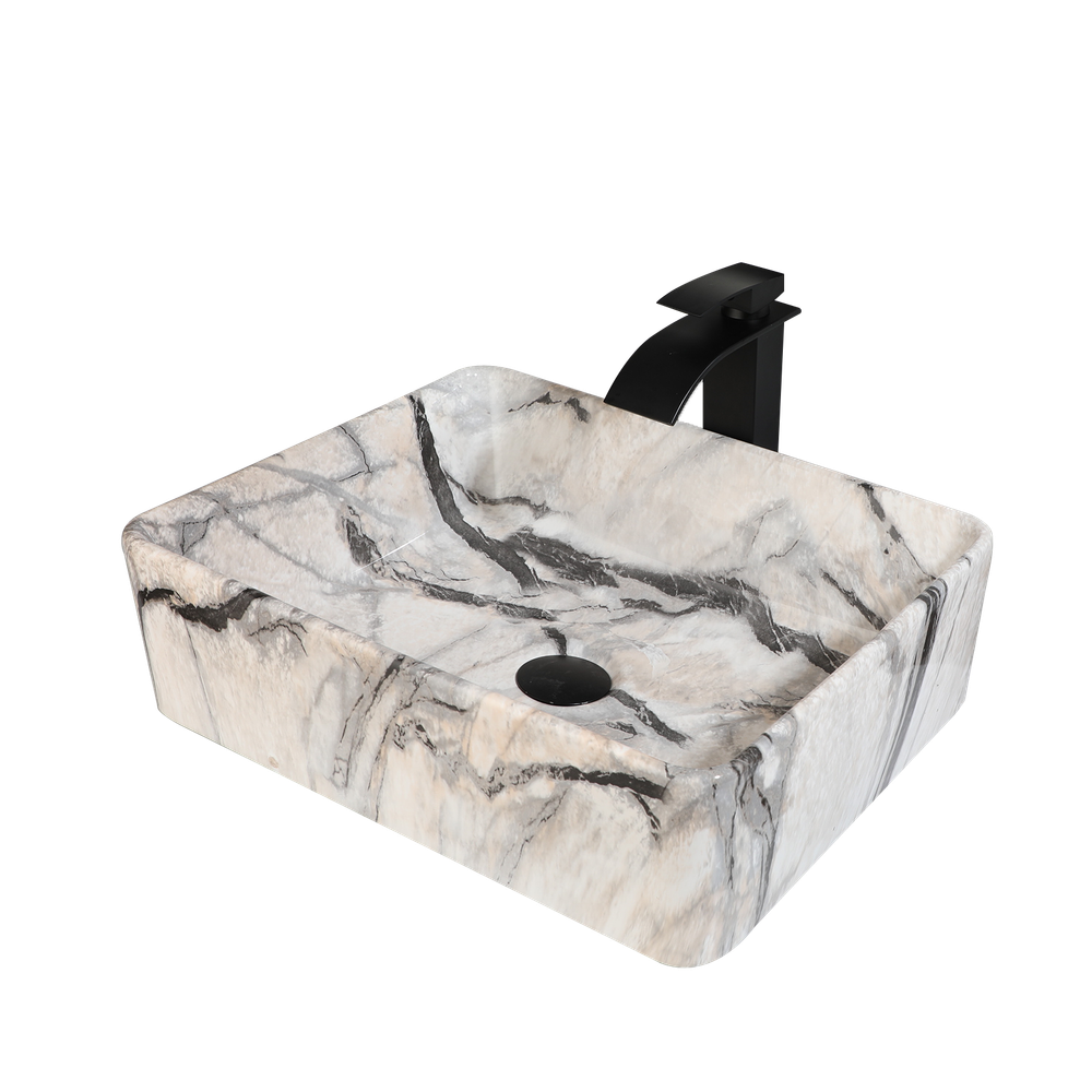 Bathroom Marble Vessel Sink White Black Rectangular Basin With Faucet Drain Set
