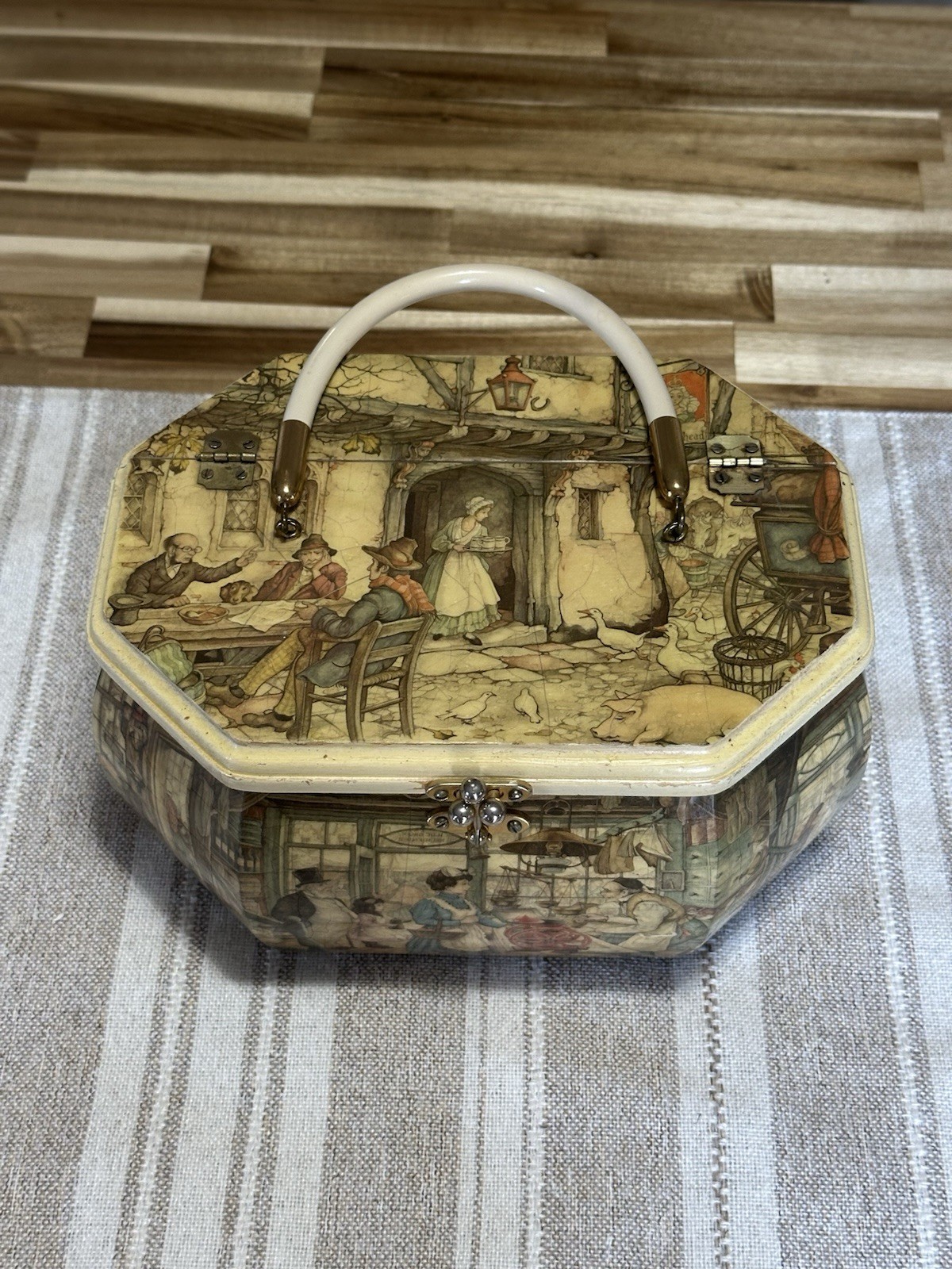 Anton Pieck Wooden Octagon Box Purse w/ Handle 9.5"×6" Vintage