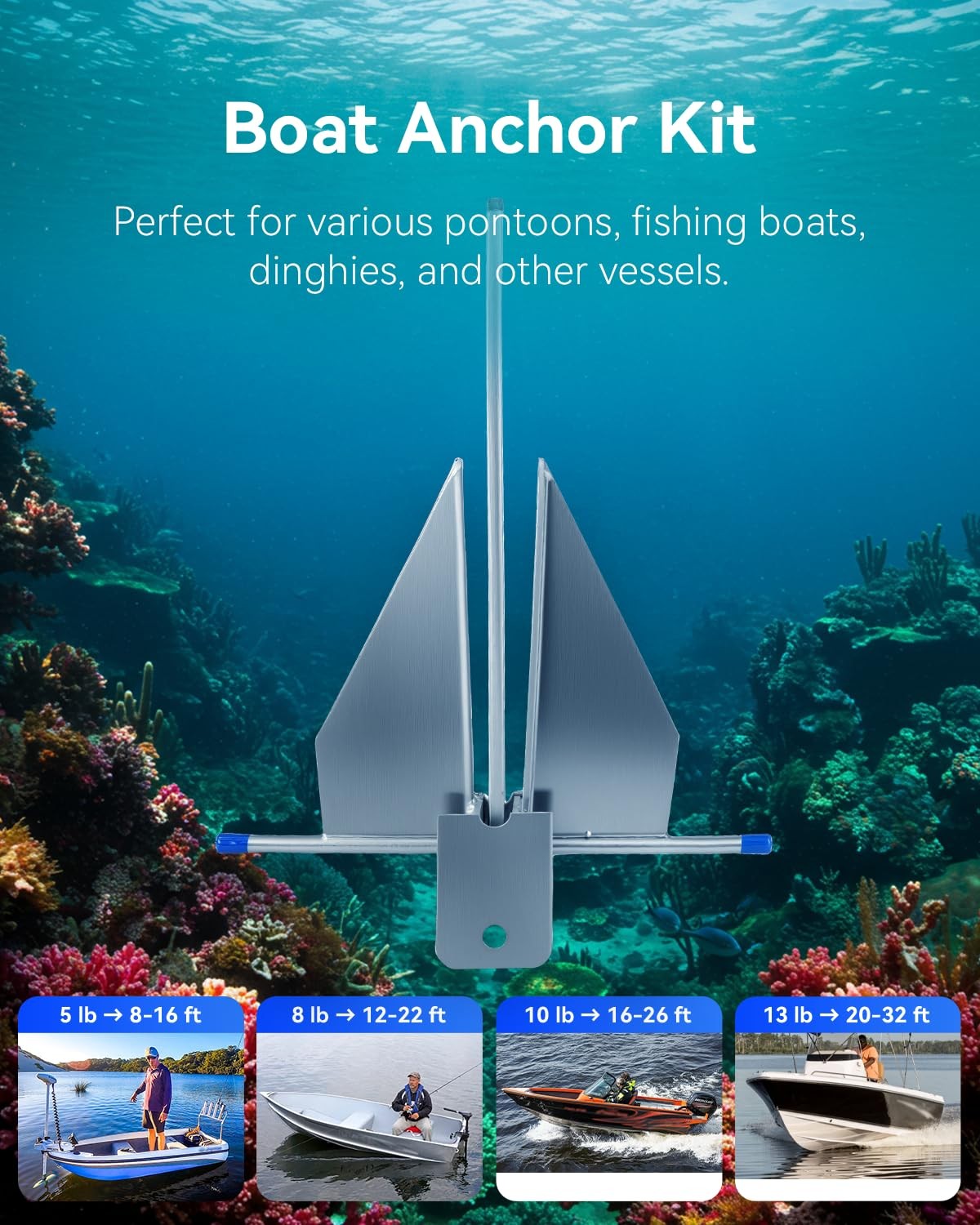 10 lb Boat Anchor Kit Galvanized Fluke w/Chain Rope 16-26 ft