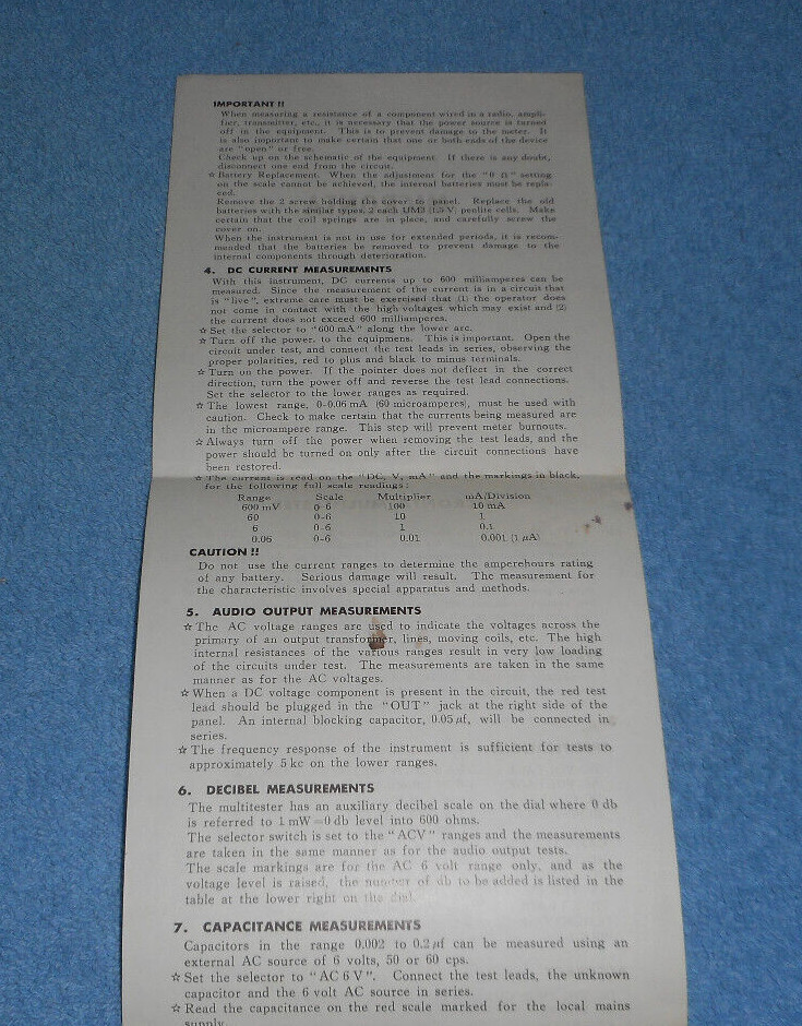 Vintage Micronta Multitester Instructions Only Schematic Diagram