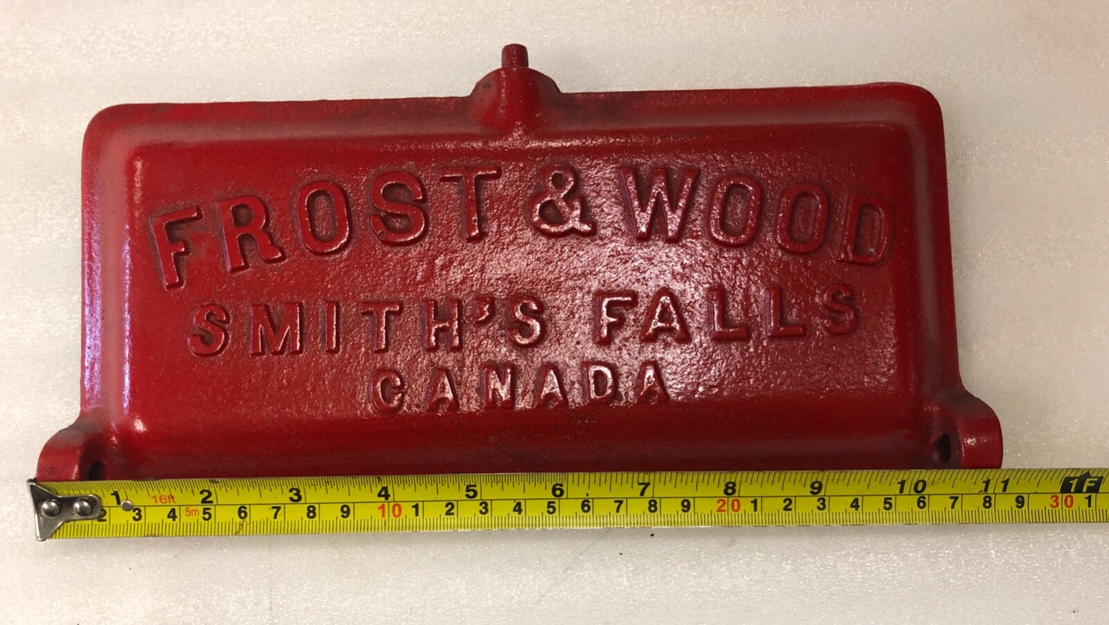Frost & Wood Smith’s Falls Canada Cast Iron Drawn Mower Toolbox Lid No. 1241 RED