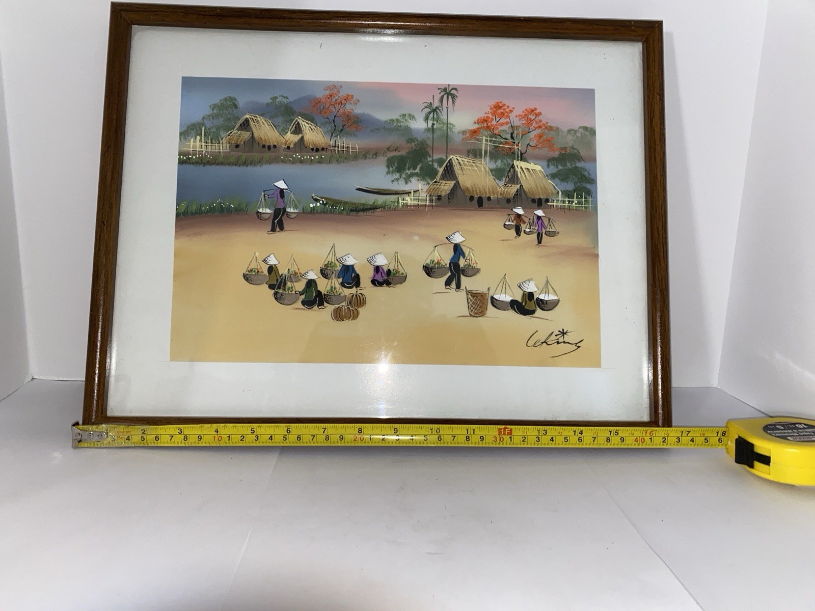 Framed Vietnamese Asian Art Silk Screening Water Colors Signed “Women Working”