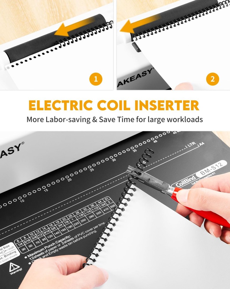 MAKEASY Spiral Binding Machine, 12 Sheets Punch Capacity, Electric Coil Insert,