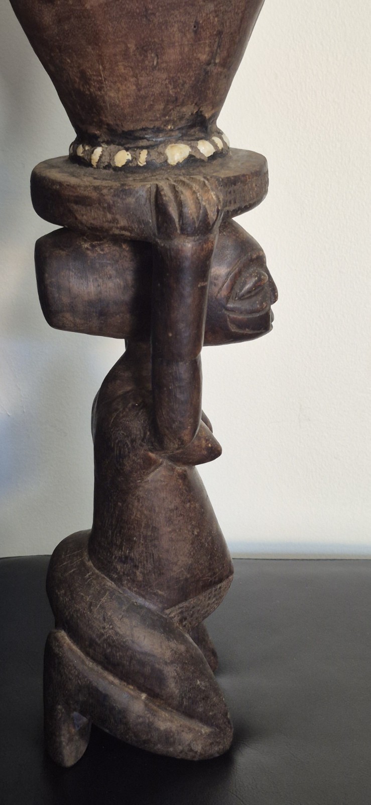 African Luba Female Wood Statue With Drum 21"H 7.5"W