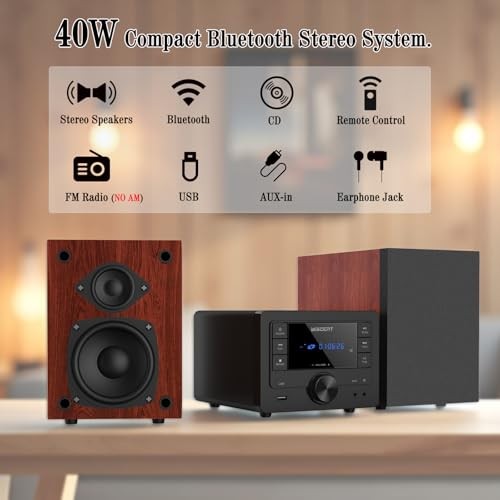 Bluetooth Stereo System 40W for Home, CD Player with Wireless Streaming, Black