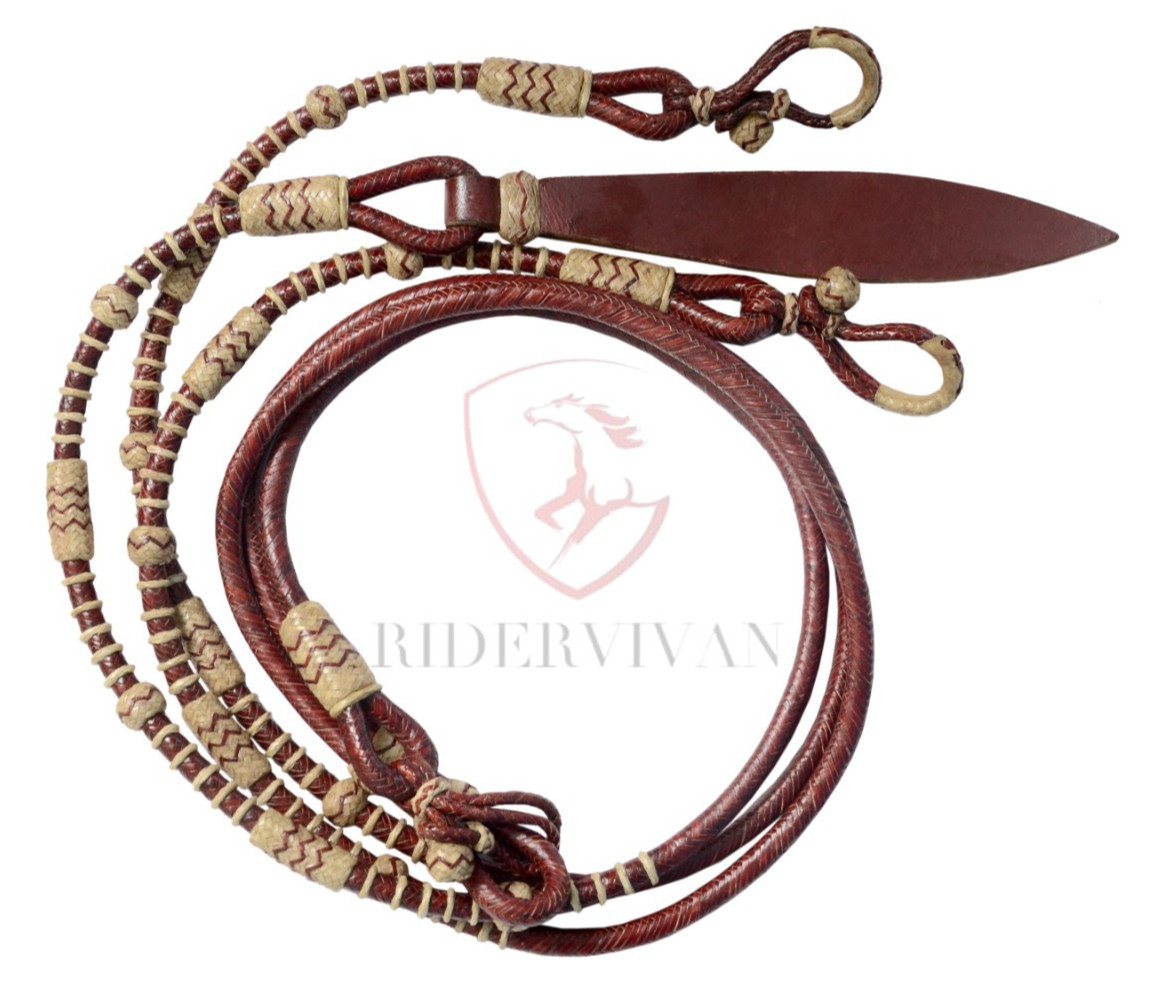 20 Plaits Romal Reins, Rommel Reins Chestnut Cherry Cow Rawhide, 55" Romal Reins