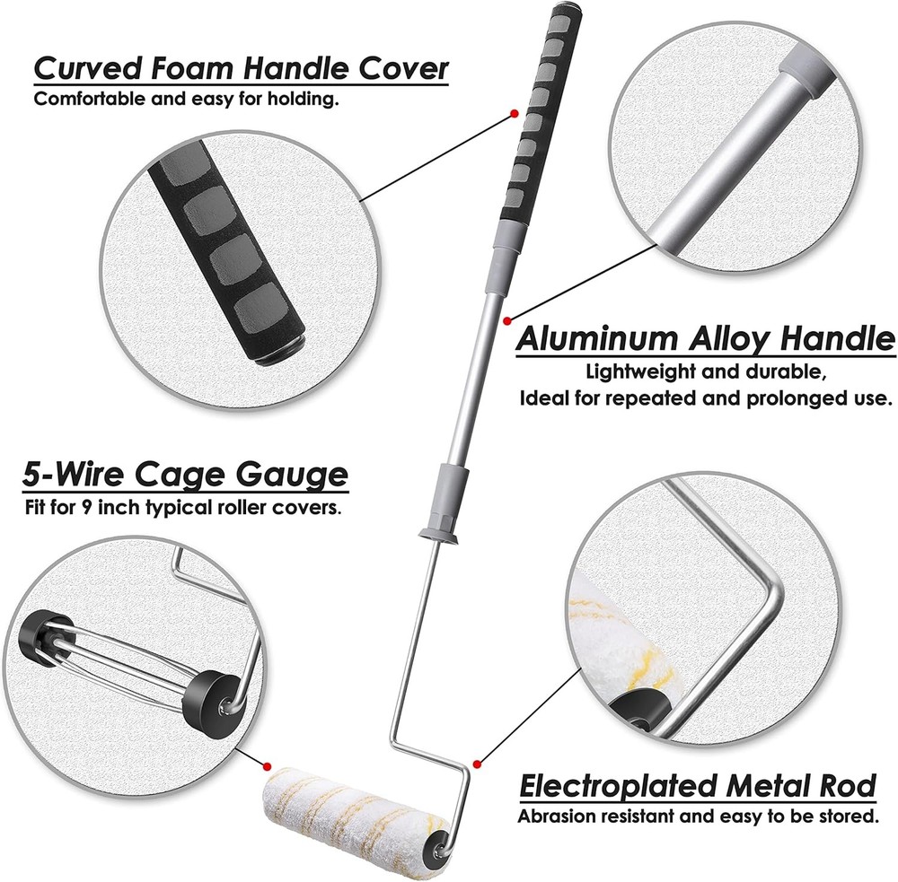 6pcs House Paint Roller Kit, 9 inch Extendable Roller Frame with 5 Microfiber Ro