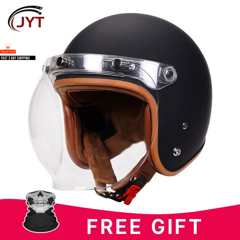 3/4 Open Face Helmet with Bubble Visor Three Button Half Helmet Sun Visor Retro