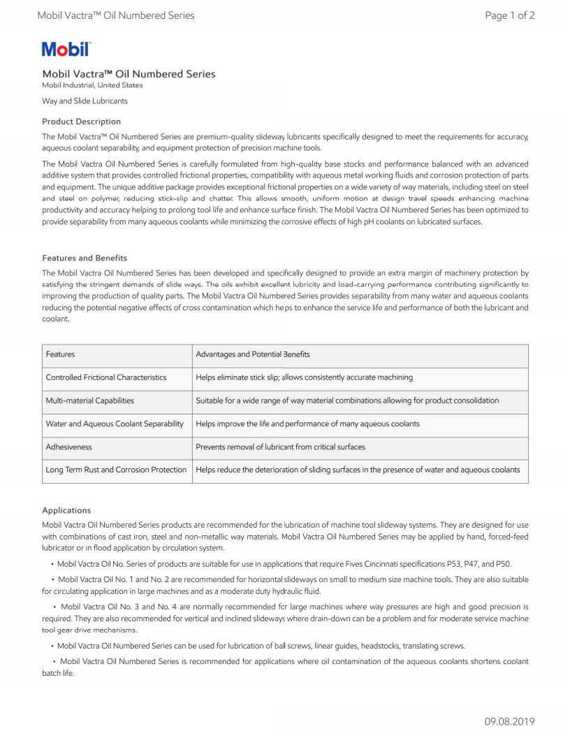Mobil Vactra Oil No. 2; Way Oil ISO 68; Way and Slide Lubricants; 5 Gallon Pail