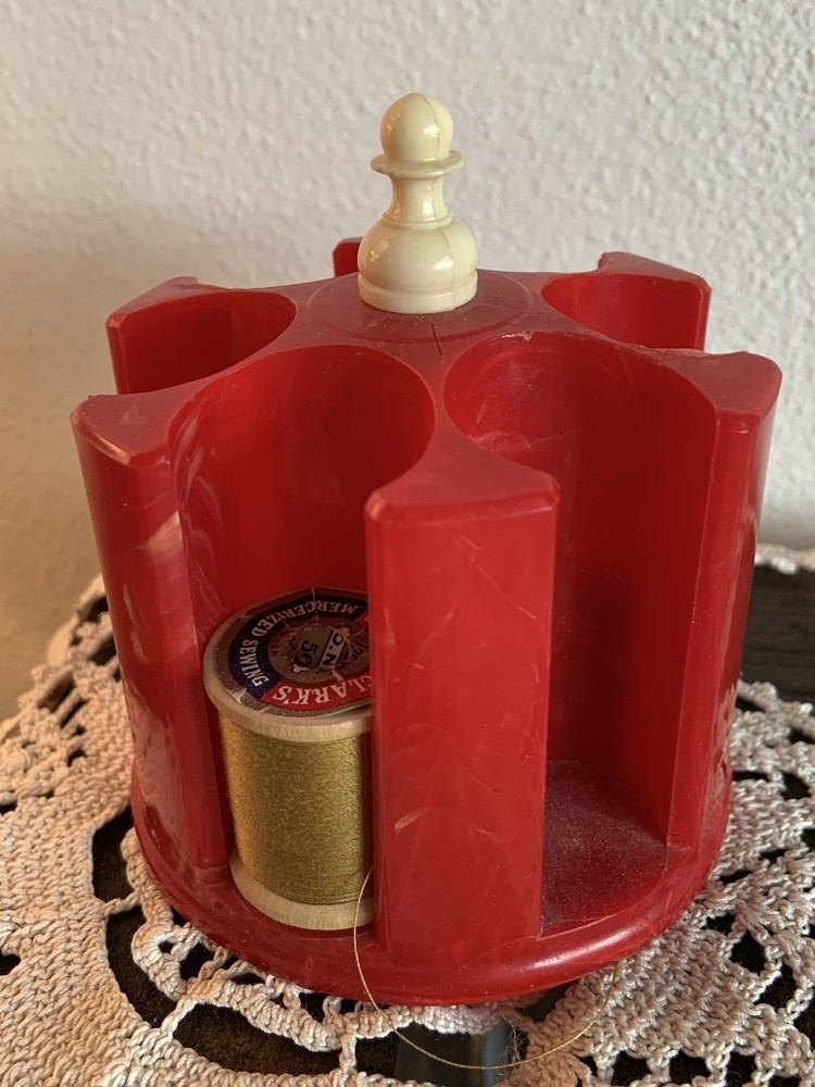 Vintage Red Sewing Carousel Thread Holder Mid Century Caddy