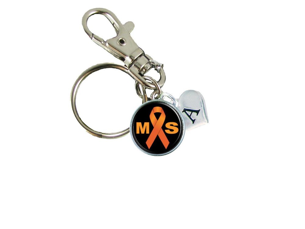 Custom Multiple Sclerosis Awareness Orange Ribbon Silver Key Chain Initial Gift