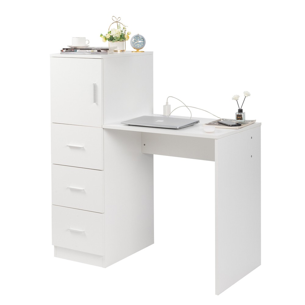 White embossed chipboard computer desk with 2 power sockets