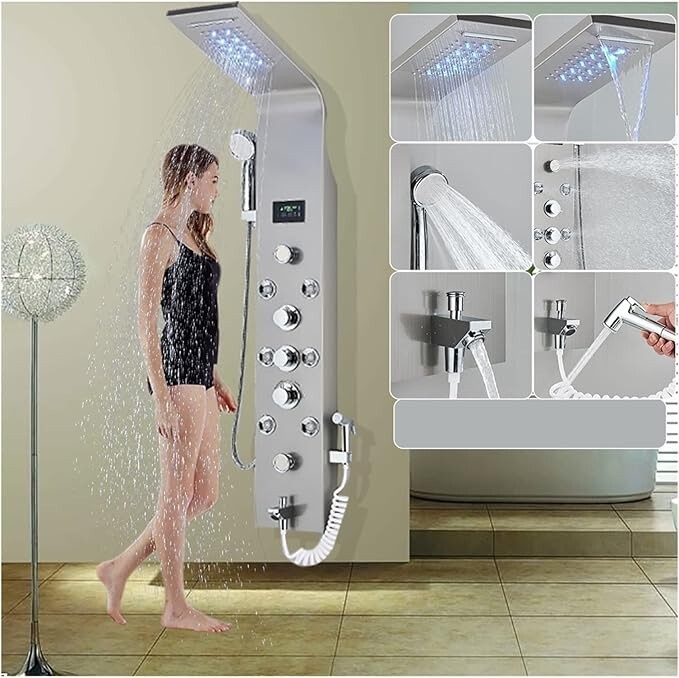 Brushed Nickel Shower Panel Tower System Rainfall Head Massage System Body Jet