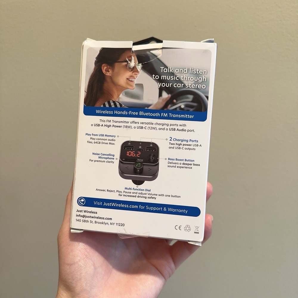 Bluetooth FM Transmitter with USB-C and USB-A Charging Port - Black New Open Box