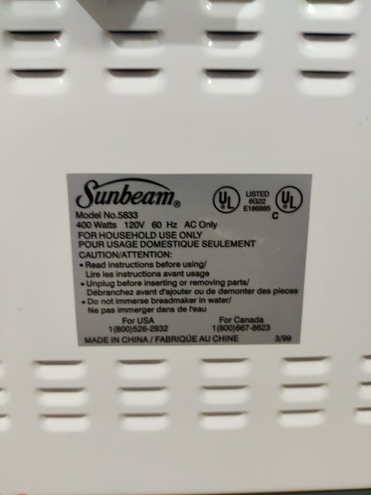 Sunbeam ExpressBake 5833 Bread Maker Machine 2lb Tested Working