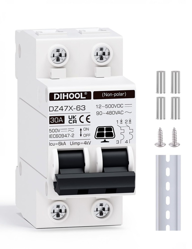DIHOOL Solar Disconnect Switch, 30 Amp 2 Pole, DIN Rail Mount, Non White