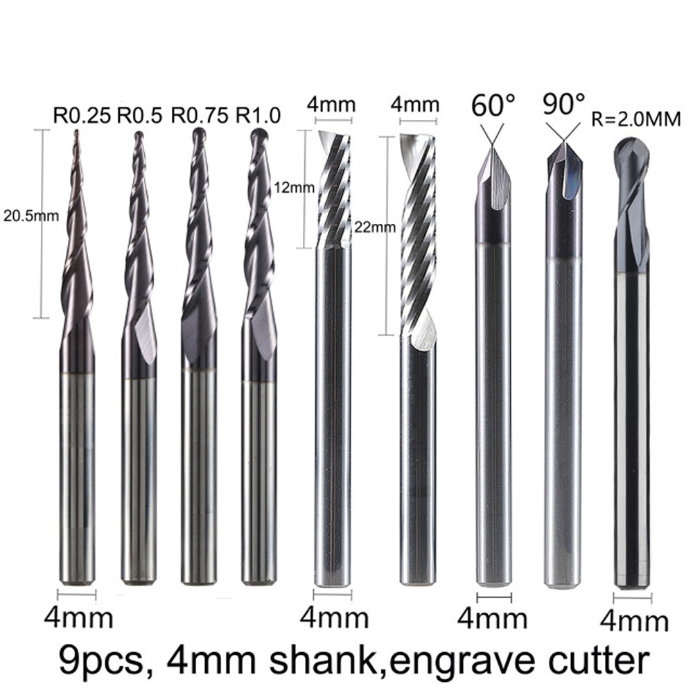 9pcs 4.0mm Shank Carbide CNC Solid engraving bits milling cutter woodwork set