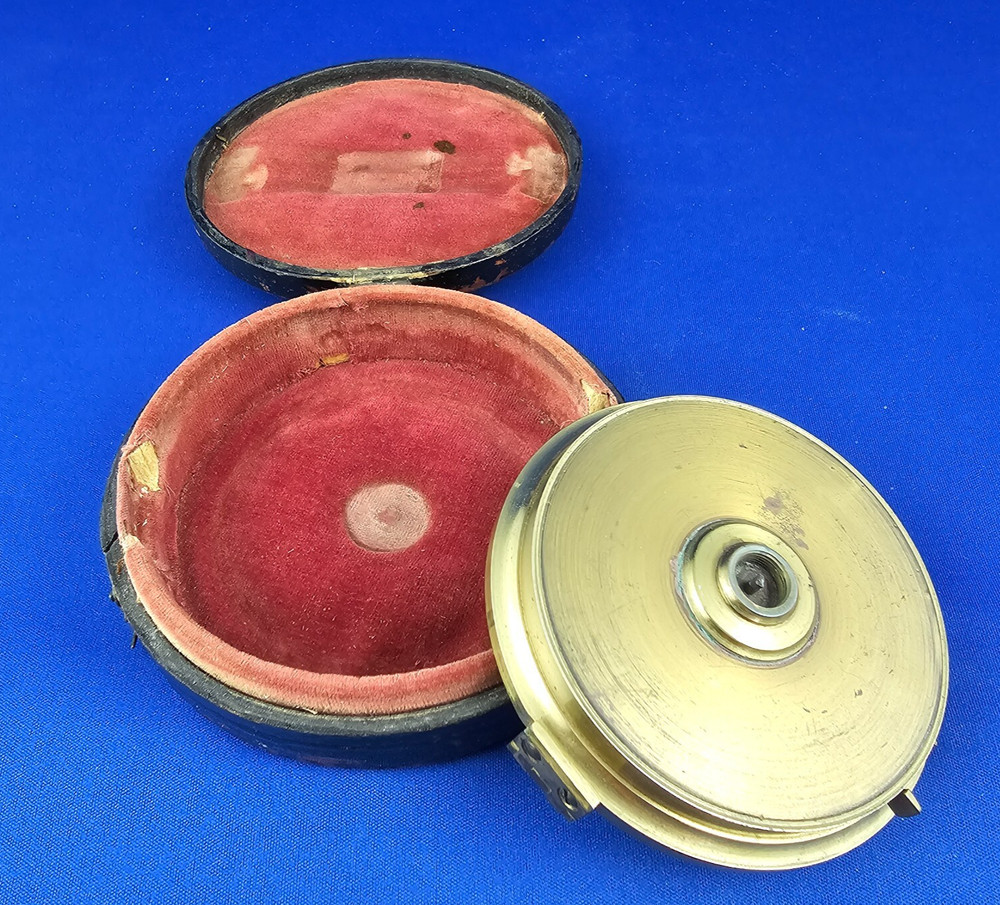 Antique Brass Surveyor's POCKET COMPASS Functioning Needle Lock Original Case