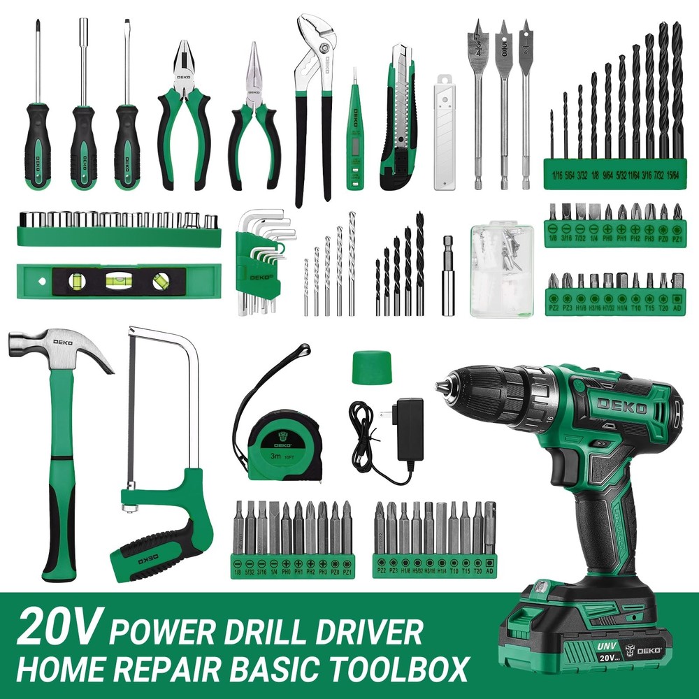 Green Drill Tool Kit Set: 20V Cordless Power Drill Tool Box with Battery Elec...