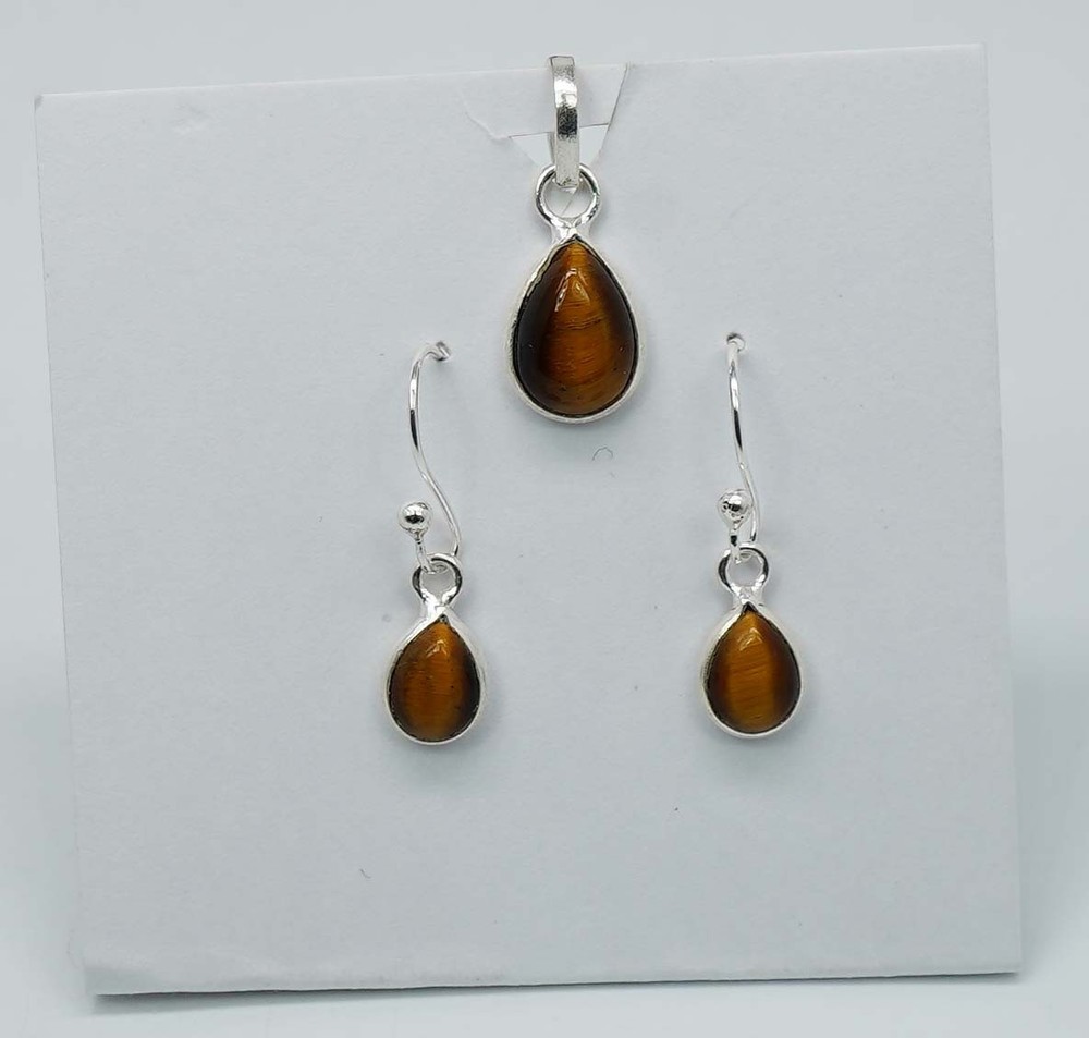 925 Solid Sterling Silver Tiger Eye Hook Earring Pendant Set