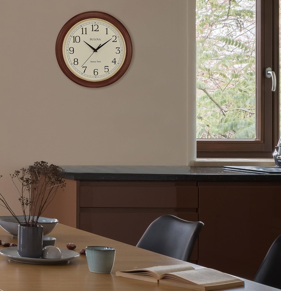 Atomic Time 2 Analog Wall Clock C5004 12.4" Wooden Frame Sets Time Automatically