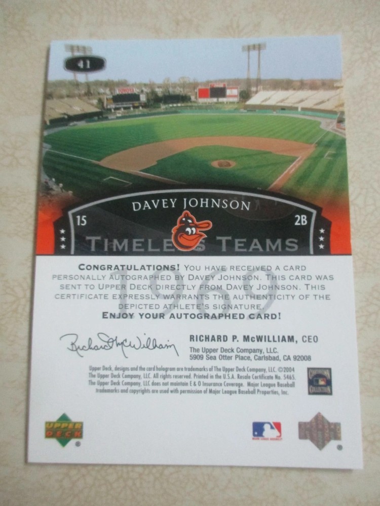 DAVE (DAVEY) JOHNSON (RIP) AUTHENTIC AUTOGRAPHED/SIGNED UPPER DECK CERT CARD