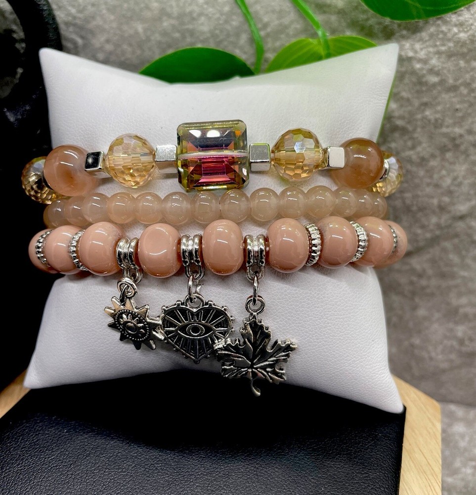 3 PC Handmade Boho  Beaded Stackable 6.5” Plus Stretch Bracelet Set New B1328