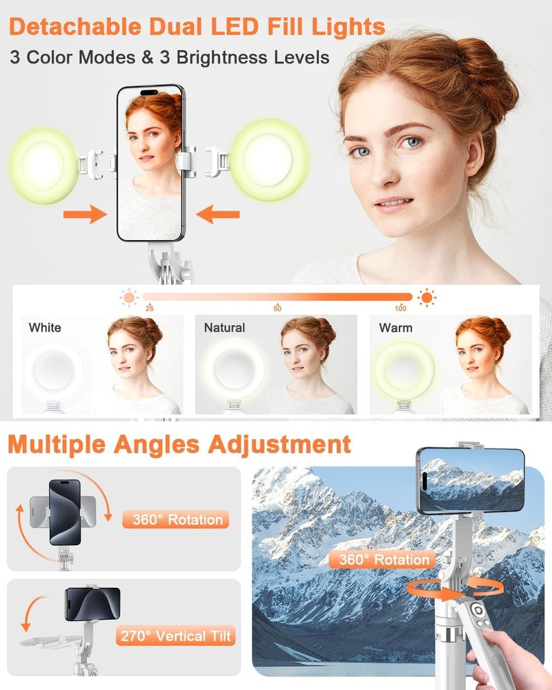 71” Auto Face Tracking Tripod for iPhone with Light,360° Rotating Phone White