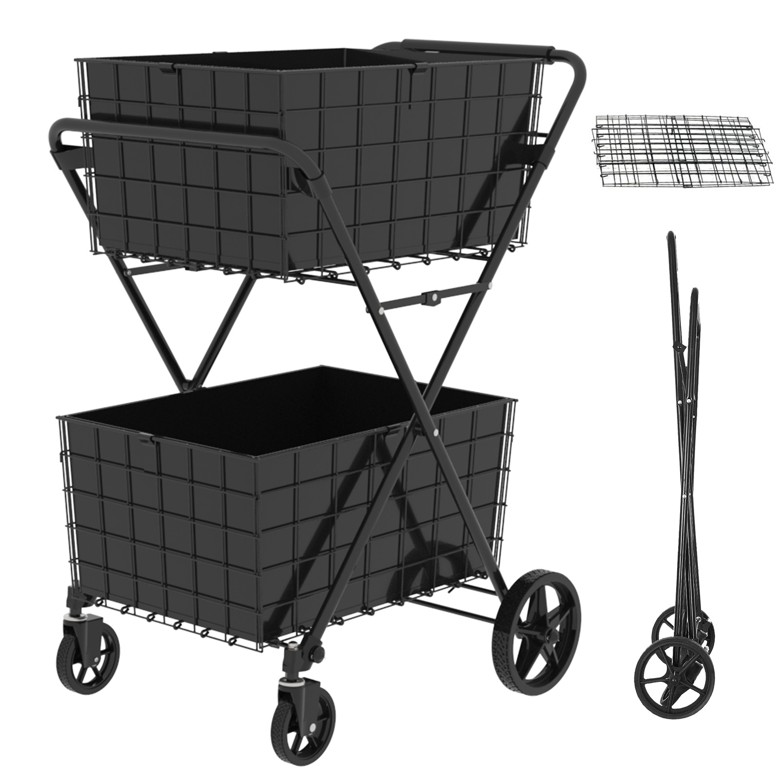 2-Tier Shopping Cart Foldable Grocery Cart Wheels Removable Storage Basket