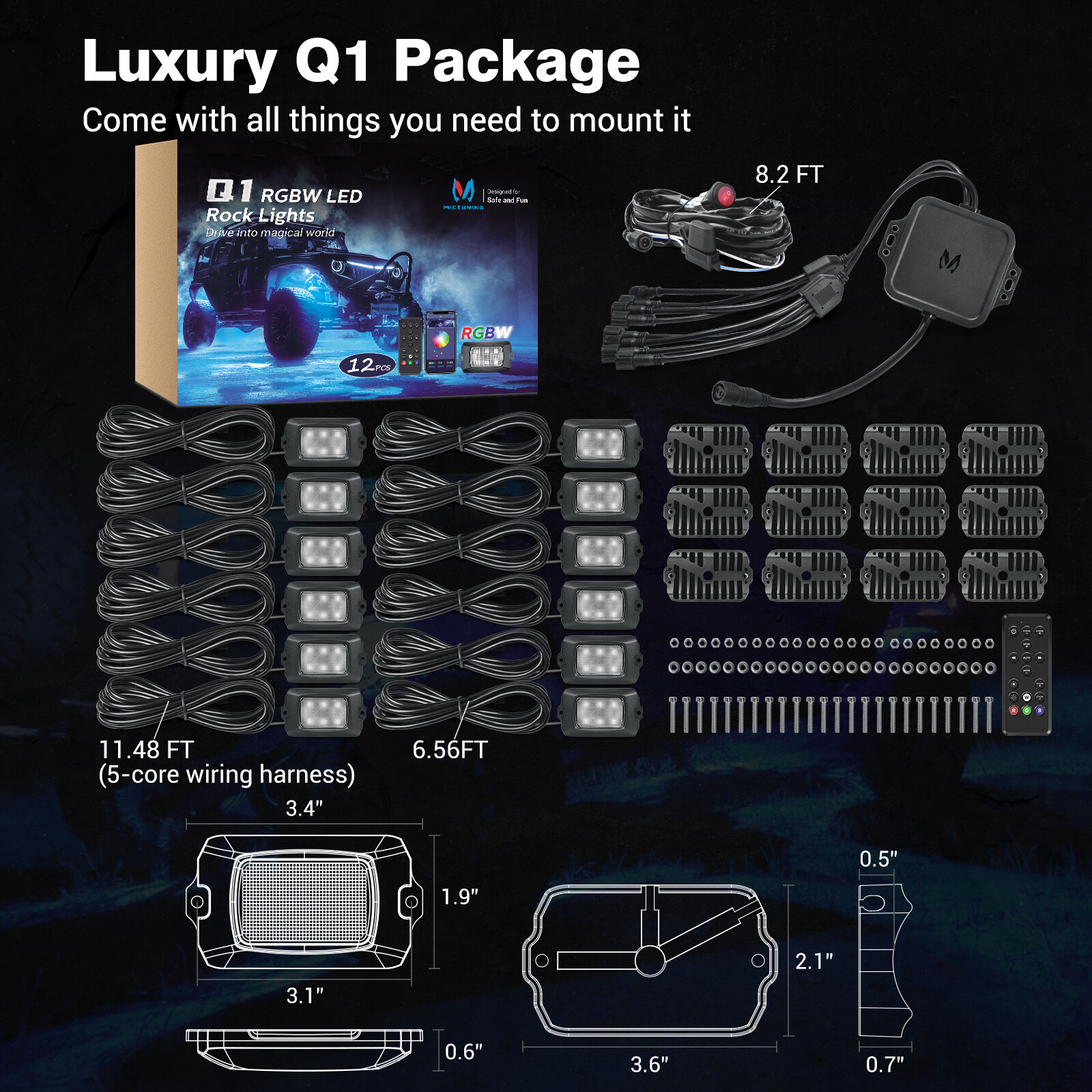 MICTUNING Q1 RGBW LED Rock Lights,12 Pods Underglow Neon Multicolor Lighting Kit